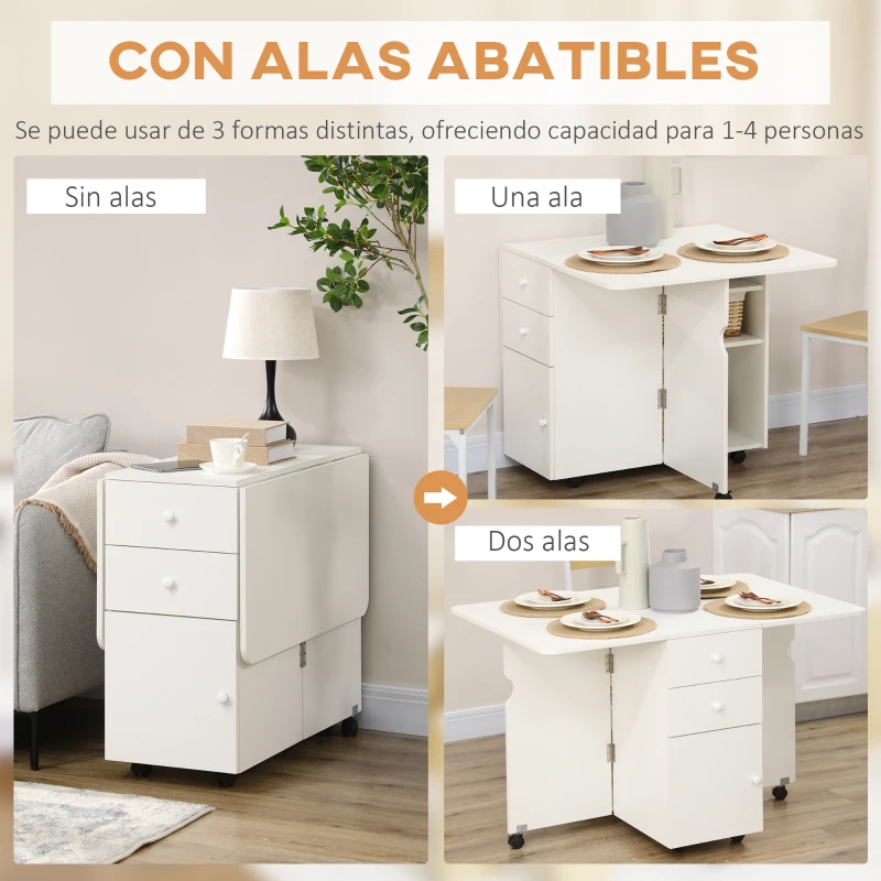 HOMCOM Mesa de Comedor Plegable Alas Abatibles con Ruedas y 2 Cajones Mesa de Cocina Pequeña Estilo Moderno 120x80x75 cm Blanco