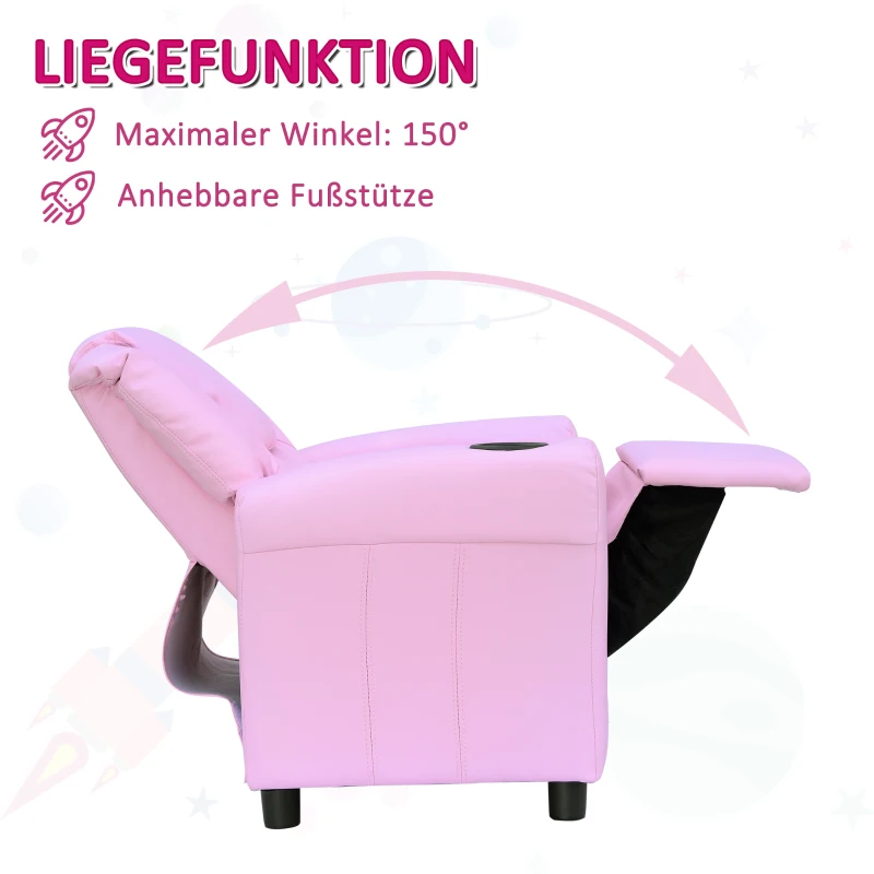 HOMCOM Kindersofa Kindersessel mit Fußstütze Armlehne Getränkehaltern verstellbare Rückenlehne Liegecouch Kindercouch Relaxsessel Kinder Sofa für 3-6 Jahre Jungen Mädchen Rosa