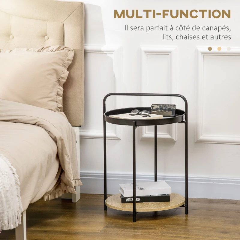 HOMCOM Table d'appoint Ronde Bout de canapé Table chevet avec Plateau Amovible en métal Noir et Bois dim. 43,5L x 42,5l x 60H cm