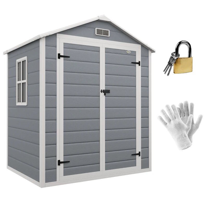 Outsunny Abri de jardin cabanon en résine polypropylène 2,12 m² - 2 portes 1 fenêtre et 1 grille d'aération, toit en pente, gris(m-10)