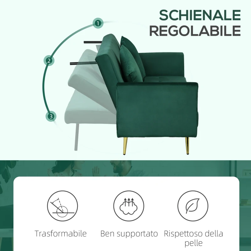 HOMCOM Divano Letto Clic Clac con Schienale Regolabile e 2 Cuscini, in Tessuto Effetto Velluto, 215x83x87 cm, Verde