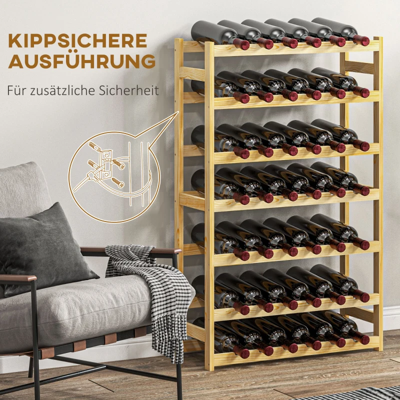 HOMCOM Weinregal, 7 Etagen, für 42 Flaschen, Kippschutz, Kiefernholz, 63x25x102cm, Natur