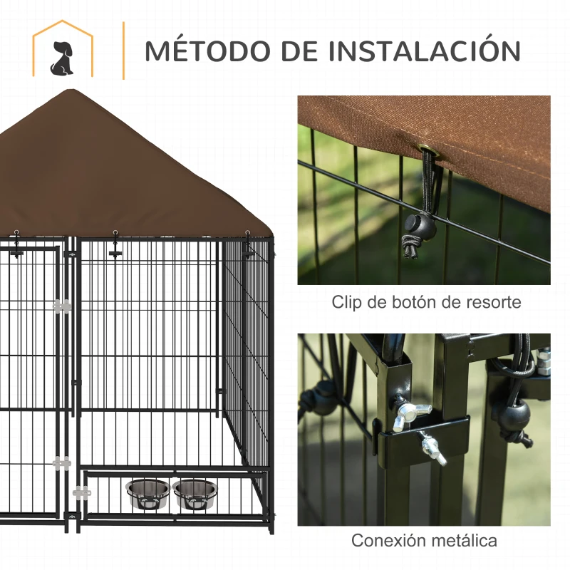 PawHut Perrera con Toldo y Soporte Giratorio para Comida 2 Cuencos Incluidos 141x141x151 cm Negro(m-7)