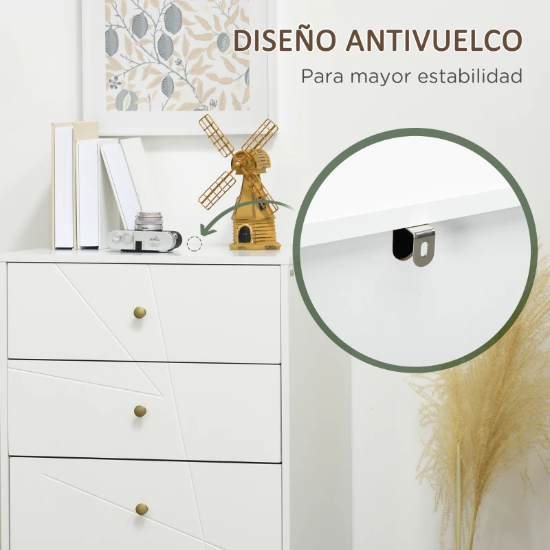 HOMCOM Cómoda de Madera con 4 Cajones y Patas Metálicas Mueble Cajonera para Salón Oficina 60x40x100 cm Blanco