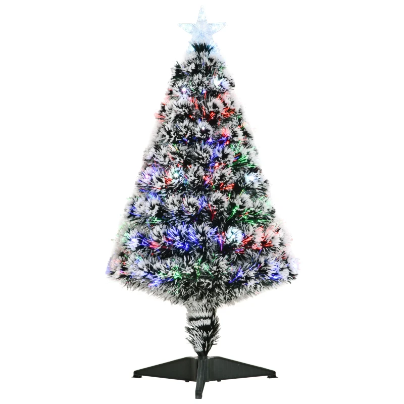 HOMCOM 3ft Artificial Prelit Christmas Tree, Snow Xmas Tree with Colourful LED Lighting Fiber Optics, Green White