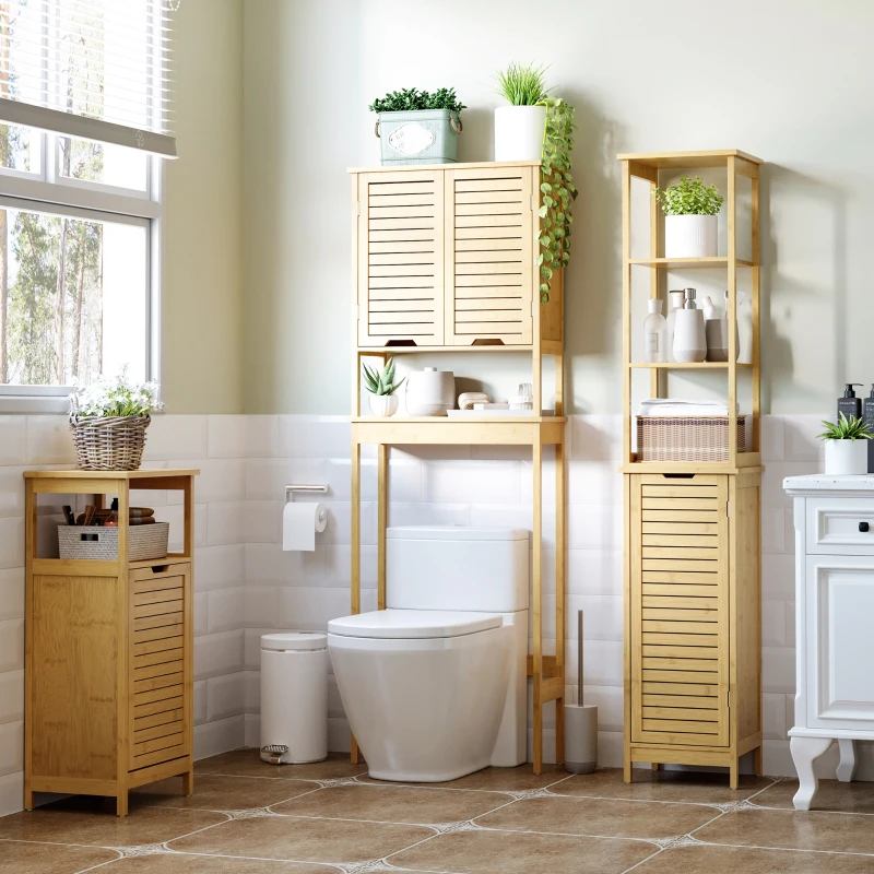 kleankin Estantería de Baño de Bambú Armario Alto para Baño con 3 Estantes y 1 Puerta Mueble Columna de Almacenaje 34x30x173 cm Natural
