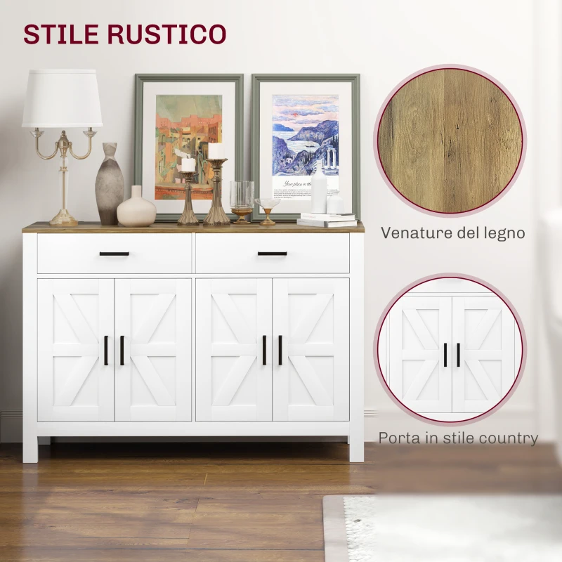 HOMCOM Credenza da Cucina con 2 Cassetti e 2 Armadietti Stile Rustico con Mensole Regolabili, Bianco