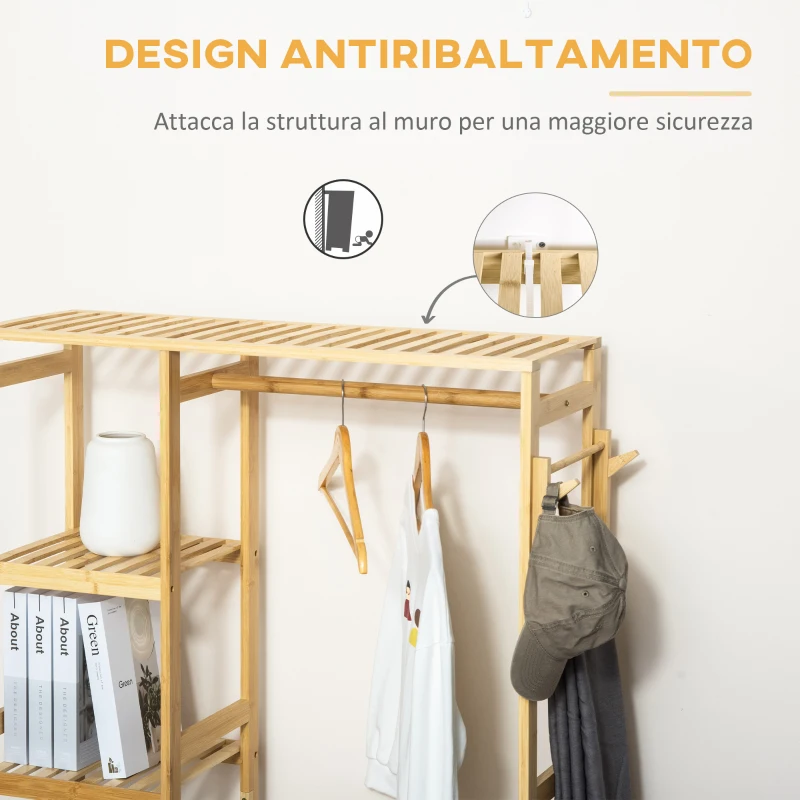 HOMCOM Appendiabiti da Terra in Legno di Bambù, Attaccapanni con Mensole Laterali per Ingresso e Camera da Letto, 90x30x155cm