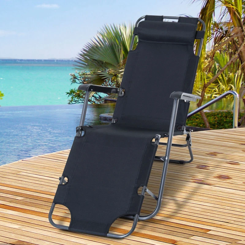 Outsunny Chaise Longue Pliable Bain de Soleil fauteuil relax jardin transat de Relaxation Dossier inclinable avec dossier réglable Repose-Pied Polyester Oxford Noir