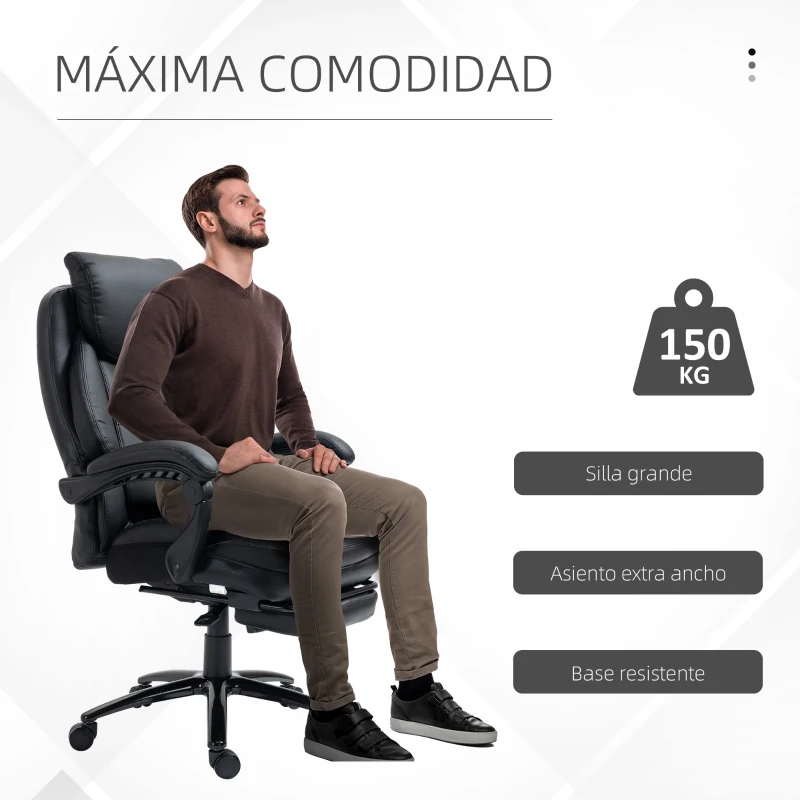 Vinsetto Silla de Oficina Ergonómica Silla de Escritorio Ajustable en Altura con Respaldo Inclinable hasta 130° Función Basculante y Resposapiés Retráctil Acero 65,5x79x112-118 cm Negro