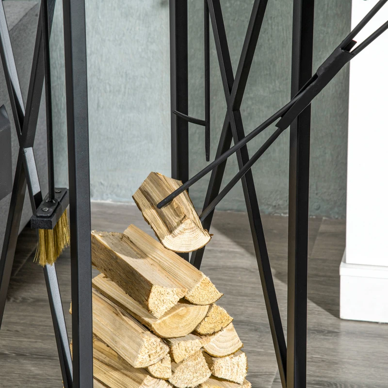 Outsunny Estante de Leña Metálico Leñero de Exterior con Ganchos Pala Cepillo Atizador y Tenazas Carga 65 kg 34x34x111 cm Negro