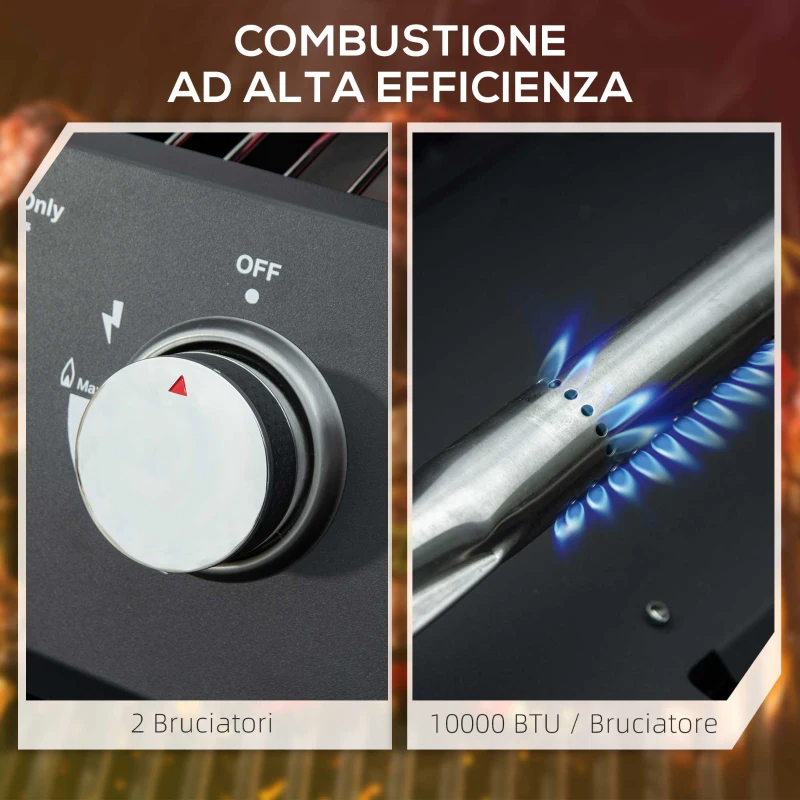 Outsunny Barbecue a Gas Pieghevole con Coperchio, Termometro e 2 Bruciatori in Acciaio, 55x46.5x41 cm, Nero