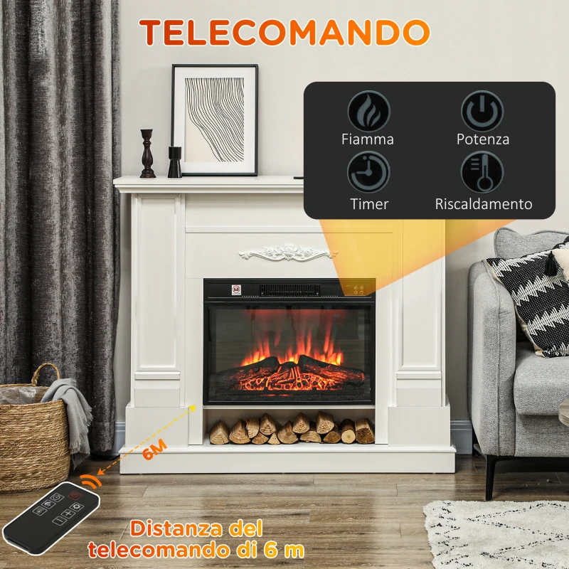 HOMCOM Camino Elettrico 1800W con Fiamma a 3 Intensità e Telecomando, in Legno, Metallo e Vetro, 117x30x100 cm, Bianco