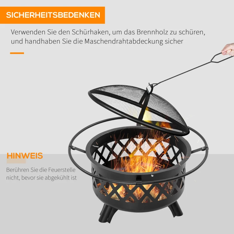 Outsunny Feuerschale 2-in-1 Feuerkorb mit Funkenschutz Grillnetz Ø82 cm Feuerstelle für Heizung BBQ Grill Garten Terrasse rund Schwarz