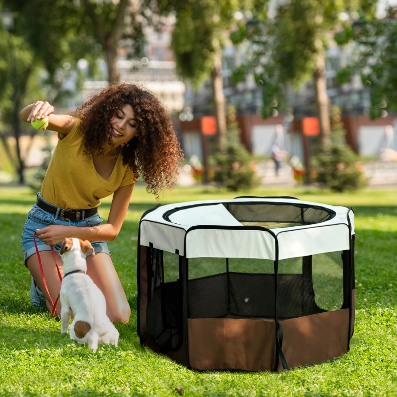 PawHut Parc enclos pliable pour chien chat petits animaux octogonal en tissu Oxford et acier Ø 90 x 41H cm marron beige