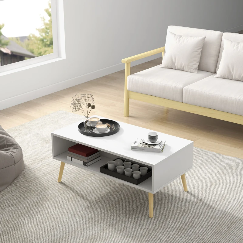 HOMCOM Table basse de salon rectangulaire avec 2 tiroirs et 1 compartiment ouvert 90 x 48 x 39 cm blanc et naturel