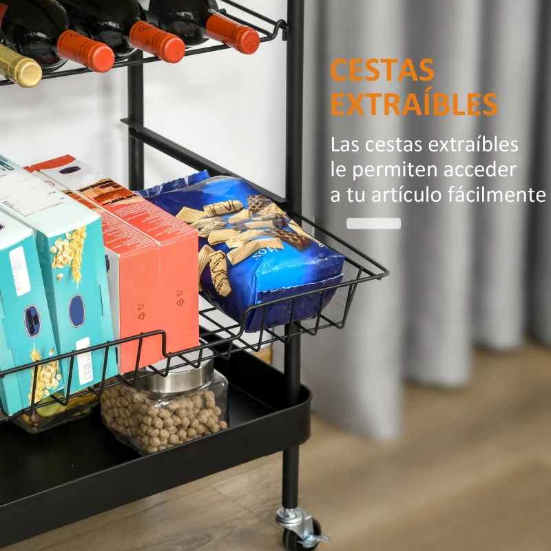 HOMCOM Carro de Cocina con Ruedas Carrito de Servicio Multiuso con Botellero Cesta Extraíble Bandeja 60,5x35,5x75 cm Negro