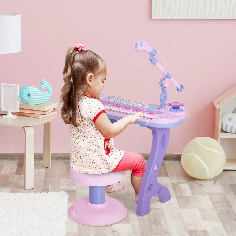 HOMCOM Pianola per Bambini a 37 tasti con Sgabello e Microfono, 12 Strumenti e 22 Musiche, Registrazione, MP3 e Karaoke, Rosa