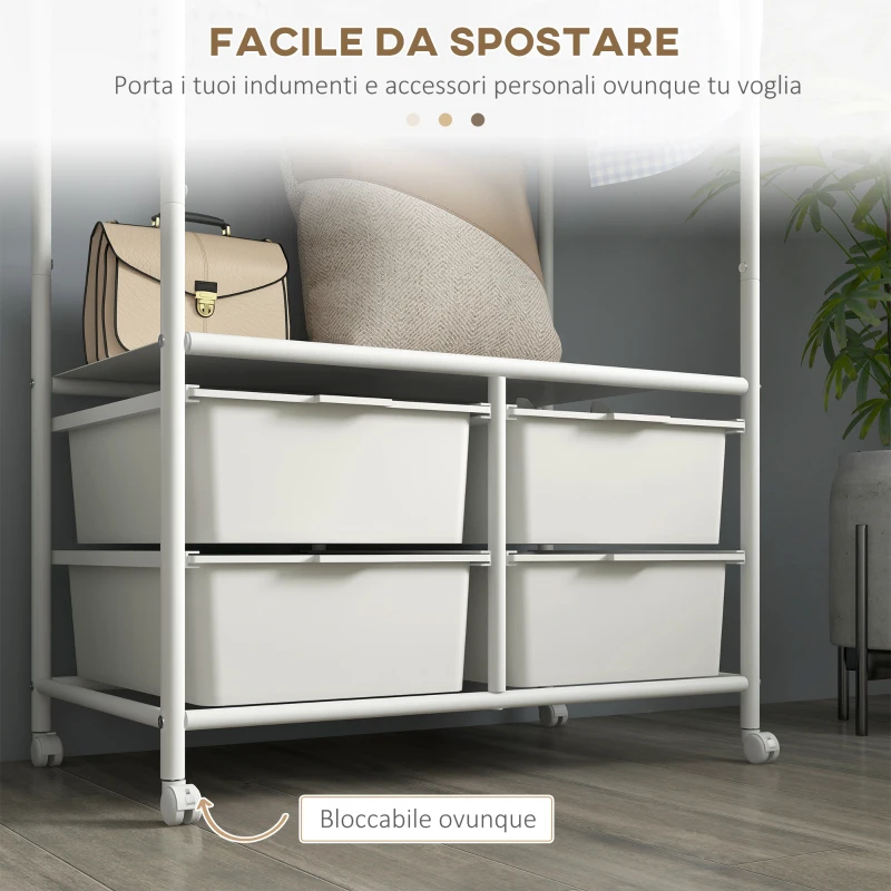 HOMCOM Stand Appendiabiti con Scarpiera a 4 Cesti e 8 Ganci, in Acciaio e Plastica, 63x37x153 cm, Bianco