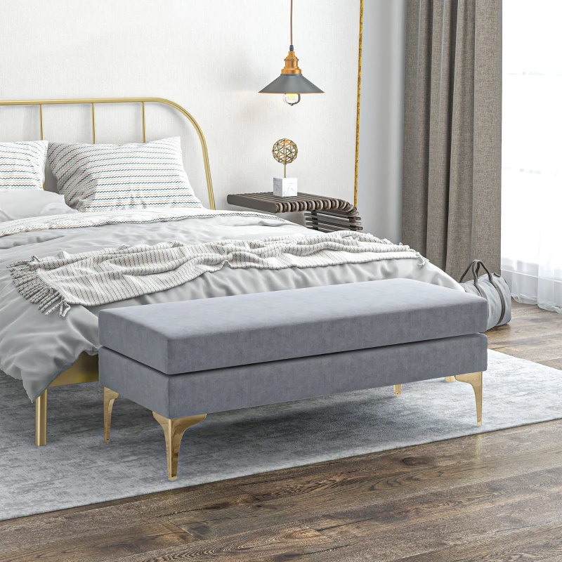 HOMCOM Banc bout de lit banquette coussins d'assise double pieds en acier design moderne 121 x 50,5 x 46,5 cm gris clair