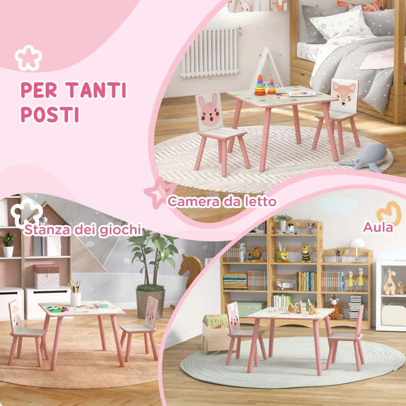 ZONEKIZ Set Tavolo e Sedie 3 Pezzi per Bambini 3-8 Anni in MDF e Legno di Pino con Disegni di Animali, Rosa