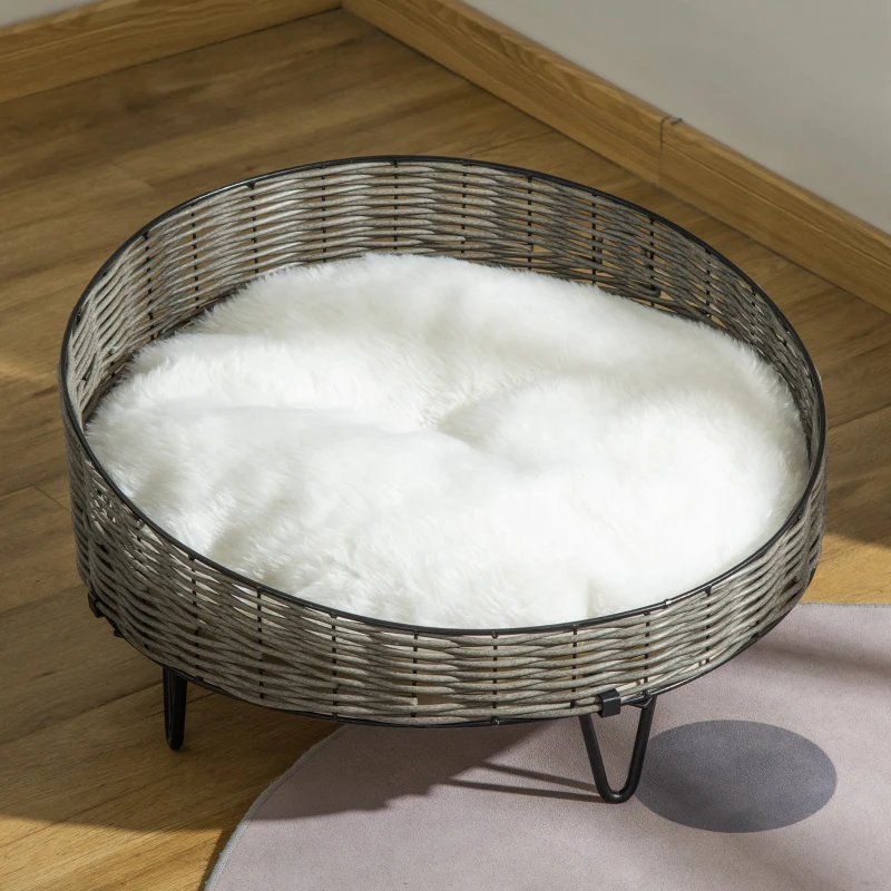 PawHut Cama para Perros Gatos de Mimbre Redonda Cesta Ratán para Mascotas Pequeños con Cojín Lavable y Patas Elevadas de Acero Ø60x32 cm Gris y Blanco