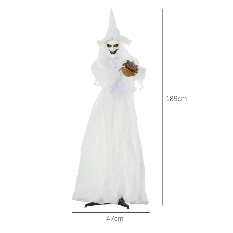 Outsunny 74 Inch Halloween Decorations White Witch Holding Pumpkin Head, Standing Skeleton Ghost Prop Life Size with Light Up Eyes and Body