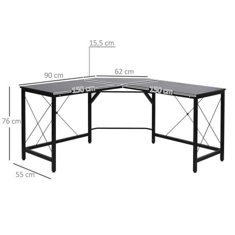HOMCOM Escritorio Esquinero Moderno con Marco de Acero Carga 70 kg para Oficina Hogar Estudio 150x150x76 cm Negro