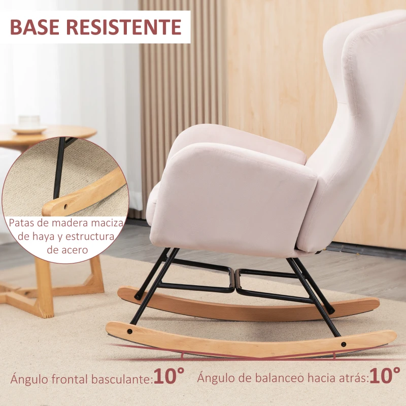 HOMCOM Silla Mecedora Tapizada en Terciopelo Sillón Balancín Relax con Asiento Acolchado y Reposabrazos 65x87x102cm Rosa