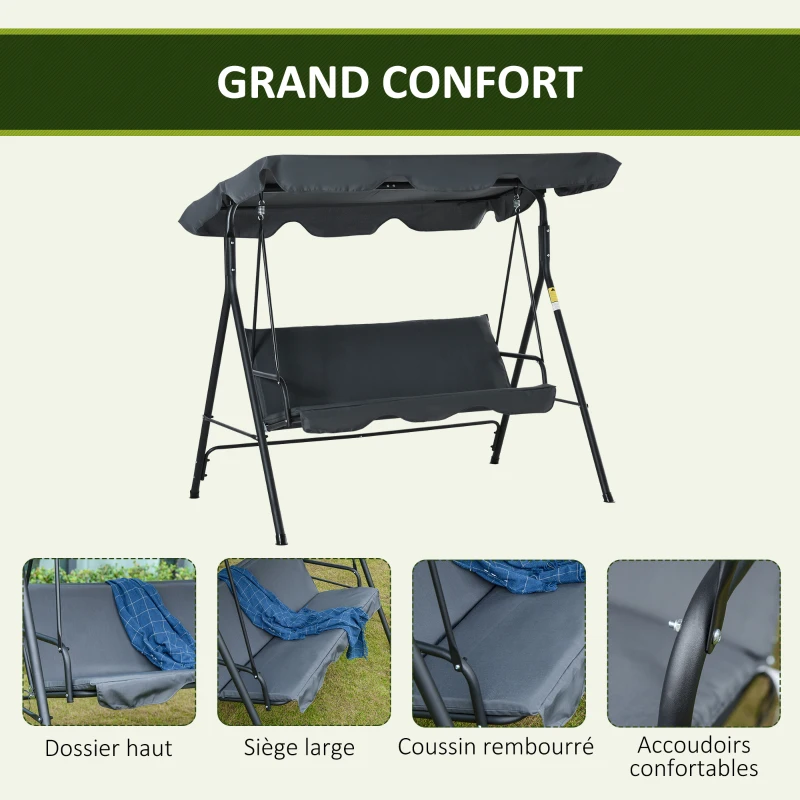 Outsunny Balancelle de Jardin 3 Places Toit Inclinaison réglable Coussins Assise et Dossier 1,72L x 1,1l x 1,53H m Acier époxy Noir Polyester Gris