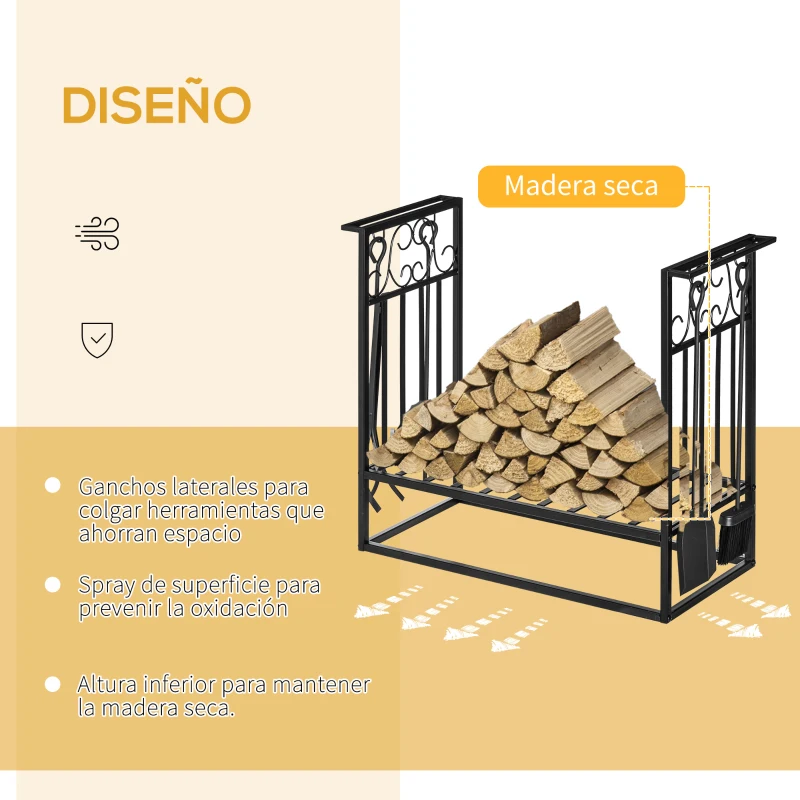 HOMCOM Estante para Leña de Chimenea 75x30x60 cm Soporte para Leña Tradicional Portaleña de Diseño Vintage con 4 Herramientas Base Elevada Carga Máx. 100 kg Acero para Interior y Exterior Negro