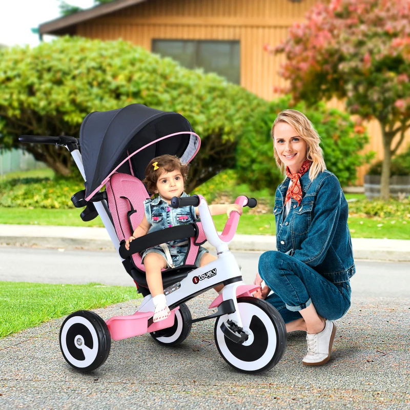 HOMCOM Tricycle enfant évolutif pare-soleil pliable canne télescopique amovible 115L x 54l x 96H cm métal rose blanc noir