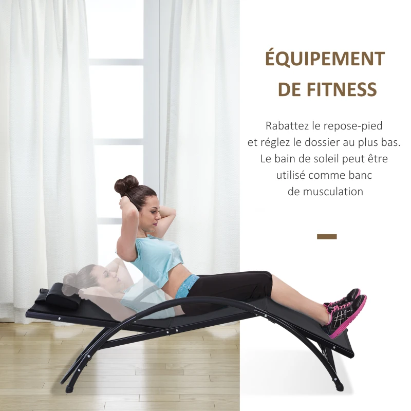 Outsunny Bain de Soleil transat Chaise Longue Fauteuil relax Jardin Design Contemporain inclinable Multi-Positions Repose-Pied réglable tétière icluse alu textilène Noir