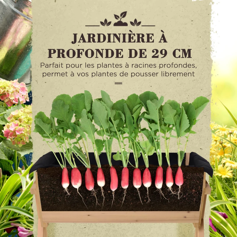 Outsunny Jardinière sur Pieds Potager dim. 100L x 70l x 80H cm Insert d'irrigation + Feutre de Drainage Inclus Bois Massif Sapin
