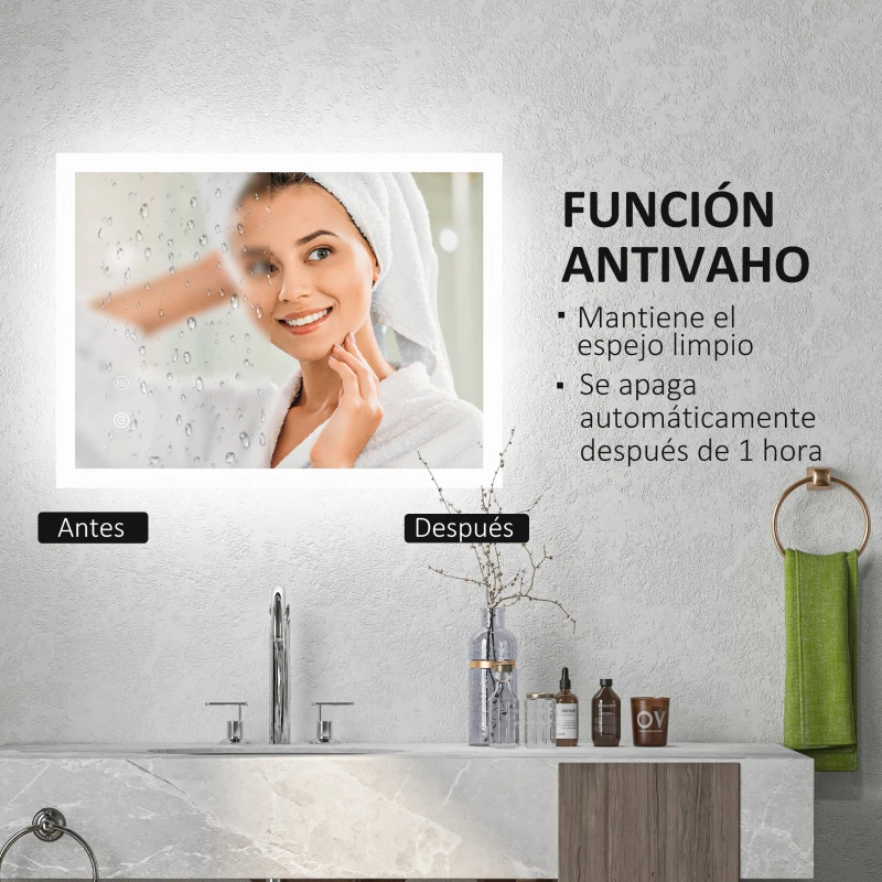 kleankin Espejo de Baño con Luces LED 70x50 cm Antivaho con Luces Retroiluminado 3 Colores Función de Memoria Interruptor Táctil