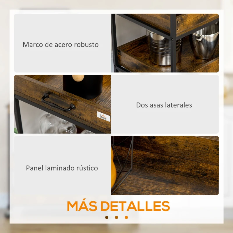 HOMCOM Carrito de Cocina de Estilo Industrial con Ruedas Botellero y Soporte para 6 Copas 86,5x40x91,5 cm Marrón Rústico