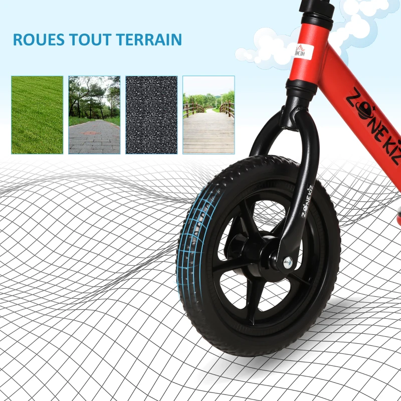 HOMCOM Draisienne Enfant Vélo Sans Pédales pour Enfants de 3 à 5 ans Roues 12" EVA Hauteur Selle et Guidon réglable cale-Pied antidérapant Acier Rouge Noir