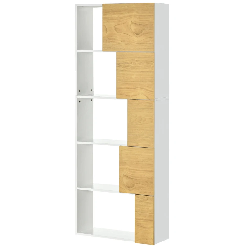HOMCOM Estantería con 5 Estantes con Puertas Asimétricas Librería para Salón Dormitorio 63x22x166 cm Blanco y Natural