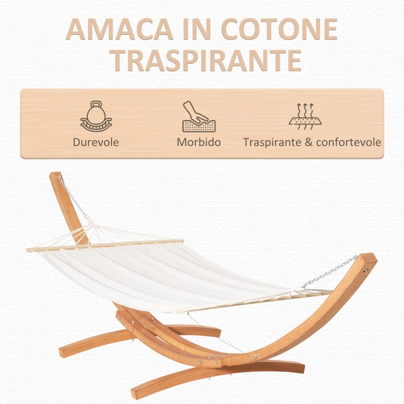 Outsunny Amaca con Supporto in Legno e Cotone, Amaca da Giardino per altri Spazi Esterni, 392x120x102cm, Bianca