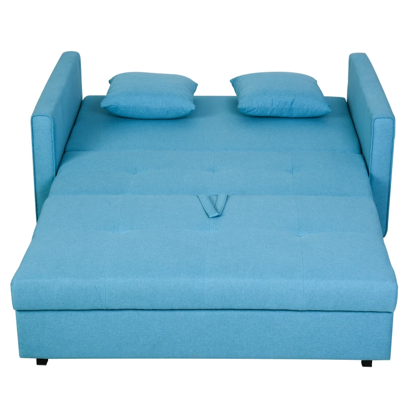 HOMCOM 2 Seater Sofa Bed with Hidden Storage, Pull Out Convertible Bed Settee, Modern Linen Loveseat Sofa Sleeper with 2 Cushions for Living Room, Guest Room, Blue