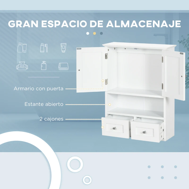 kleankin Armario de Pared para Baño Armario Colgante de Baño con 2 Puertas y 2 Cajones para Cocina 50,8x17,8x66 cm Blanco(m-4)
