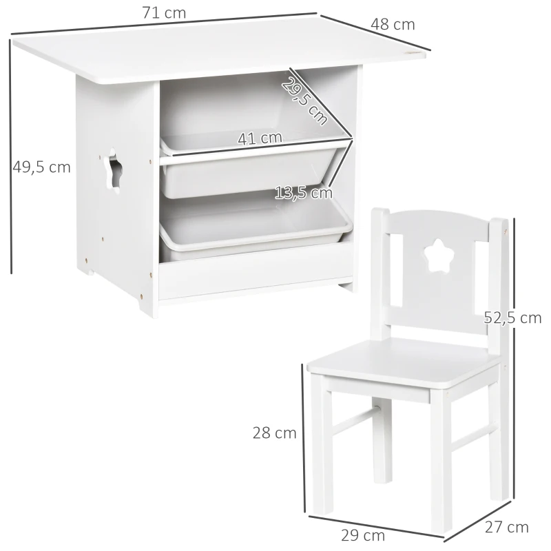 HOMCOM 3-tlg. Kindersitzgruppe mit 1 Kindertisch 2 Stühle Sitzgruppe mit Stauraum Kindermöbel für Kleinkind ab 2 Jahre Weiß+Grau 71 x 48 x 49,5 cm