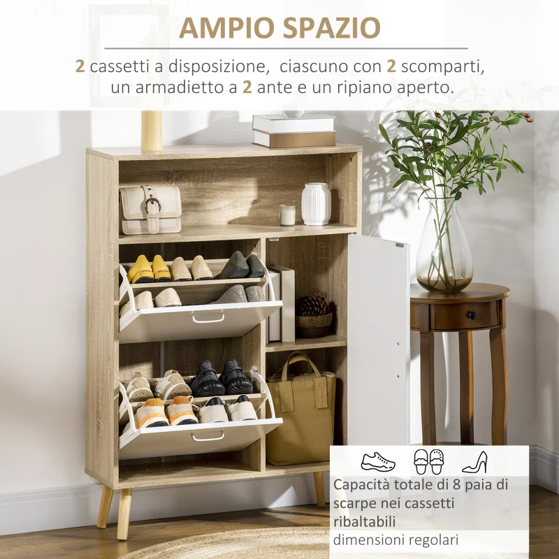 HOMCOM Scarpiera Salvaspazio per 8 Paia di Scarpe con 2 Ante e Armadietto in Legno, 80x25.5x112.5cm, Bianco