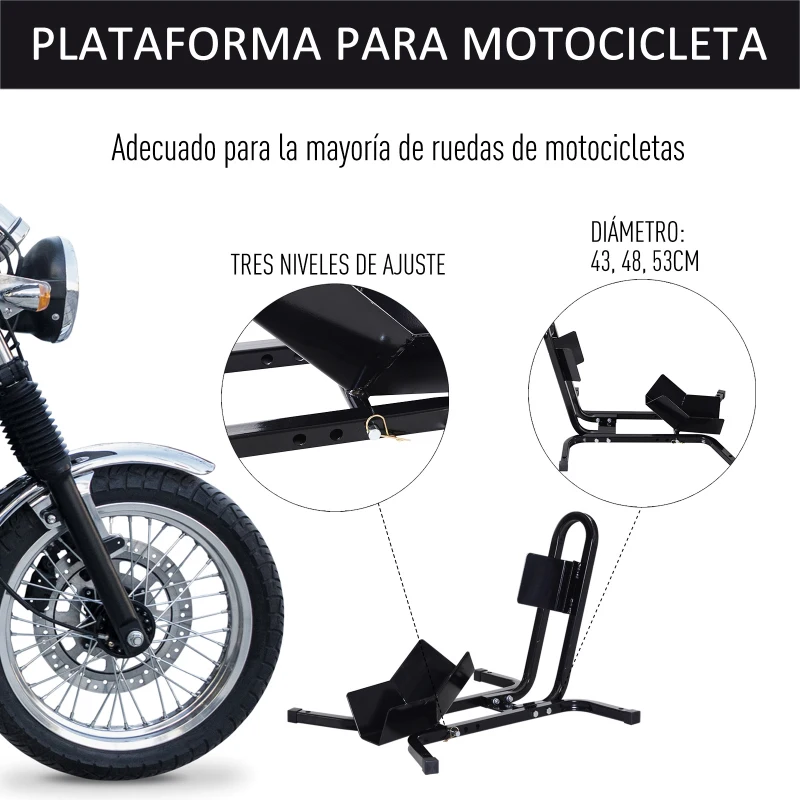 HOMCOM Caballete de Moto Delantera, Soporte para Rueda Delantera de Moto Ajustable en 3 Niveles de Metal Robusto, para Ruedas ∅43, 48, 53 cm, Negro