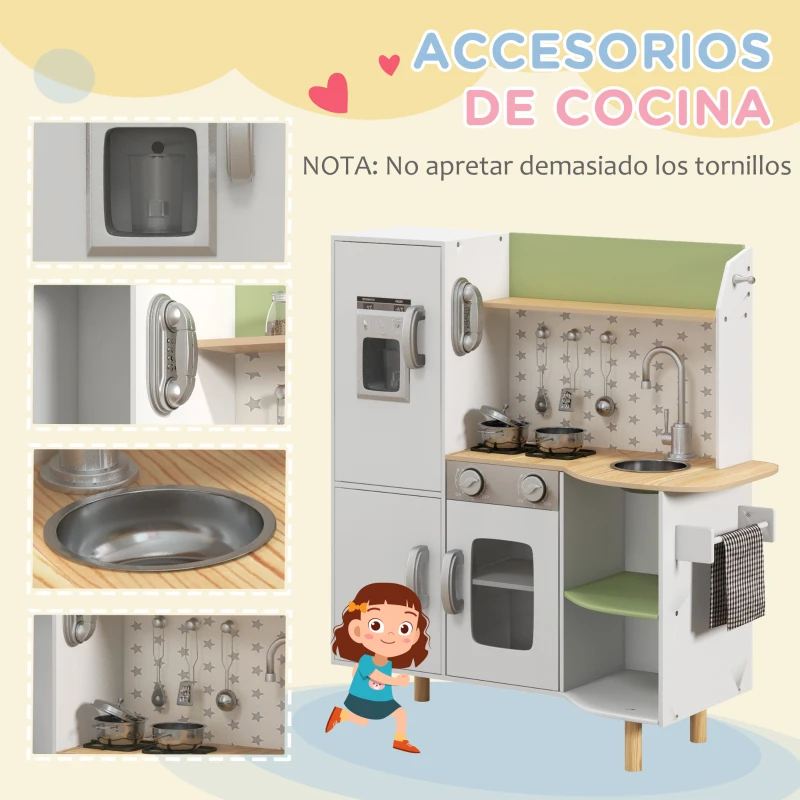 AIYAPLAY Cocinita de Juguete Infantil de Madera con Máquina de Hielo Fregadero Móvil y Utensilios de Cocina 84x34x89 cm Blanco