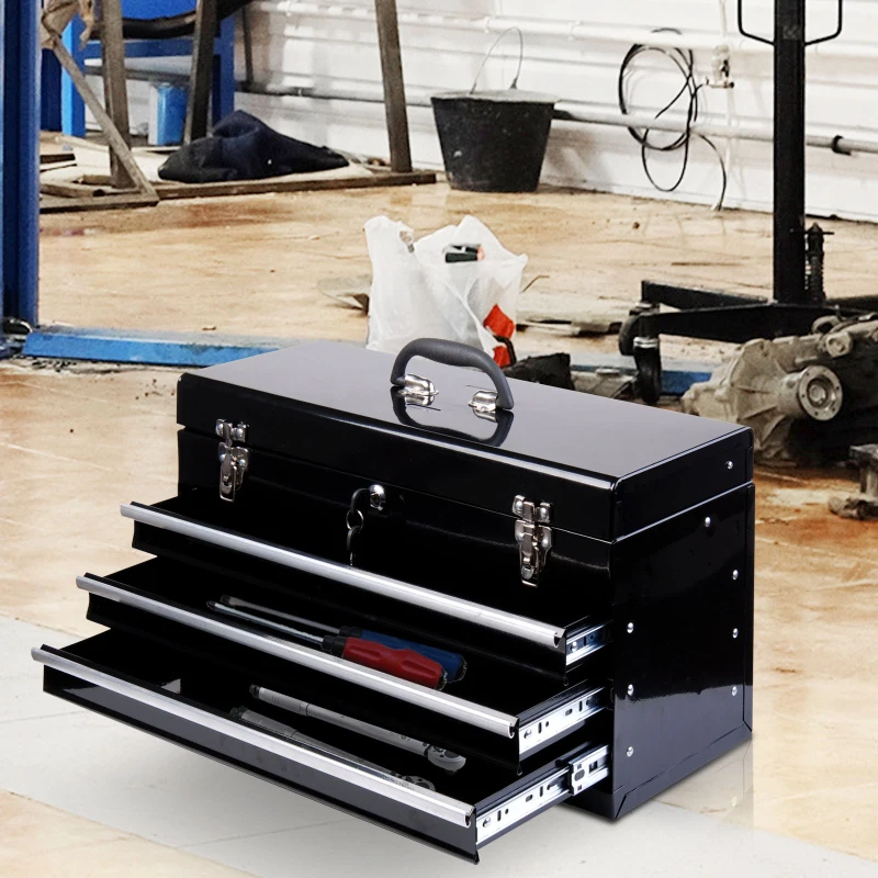 HOMCOM Coffret caisse boite a outils metallique avec 3 tiroirs noir 54 x 22 x 29 cm