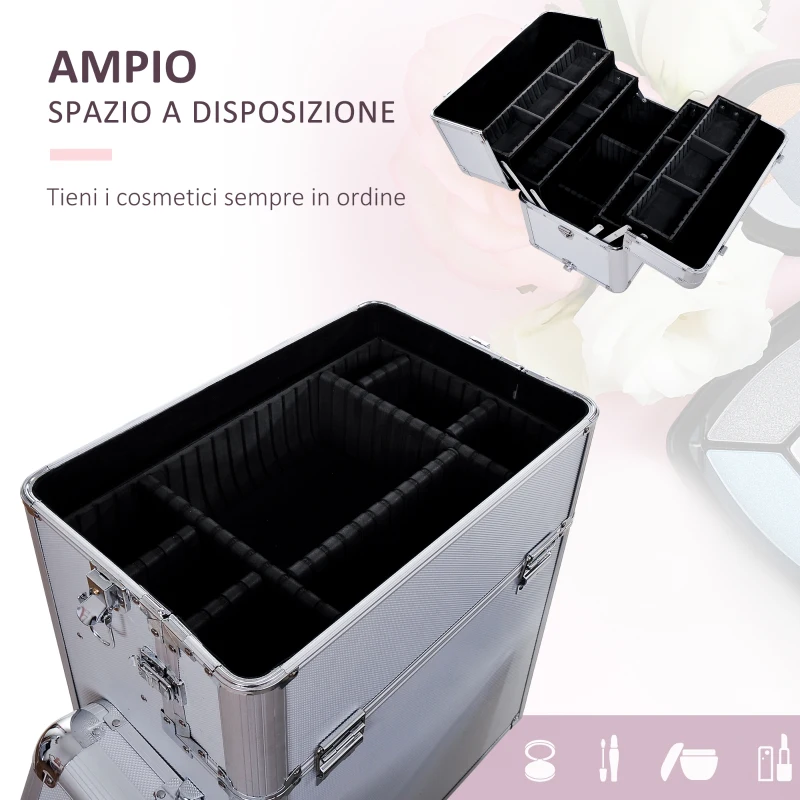HOMCOM Valigetta Beauty Case 2 in 1 con Maniglia Regolabile su 3 Livelli e Ruote, Trucco Professionale Trolley per Make Up in Alluminio, 35.5x23x105 cm, Argento