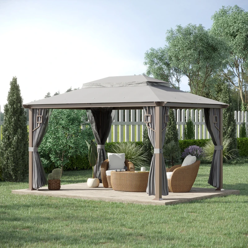Outsunny Pavillon Gartenpavillon 4 x 3 m Gartenzelt Festzelt Partyzelt mit 4 x Seitenteile 4 x Moskitonetz atmungsaktivem Doppeldach Metall Polyester Braun+Dunkelgrau