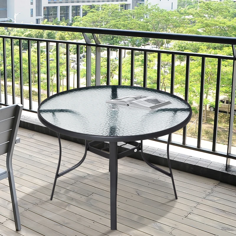 Outsunny 106cm Round Garden Dining Table with Parasol Hole Tempered Glass Top Steel Frame