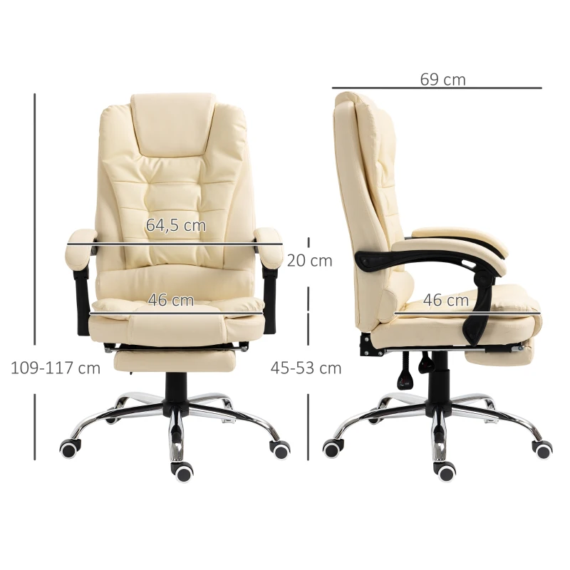 HOMCOM Silla de Escritorio con Reposapiés Silla Ejecutiva Giratoria con Altura Ajustable Tapizada en PU y Reposabrazos Crema